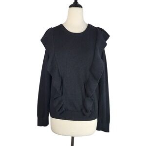 Everly Black Ruffle Front Knit Sweater L Long Sleeve Feminine‎ Chic Dark Romance